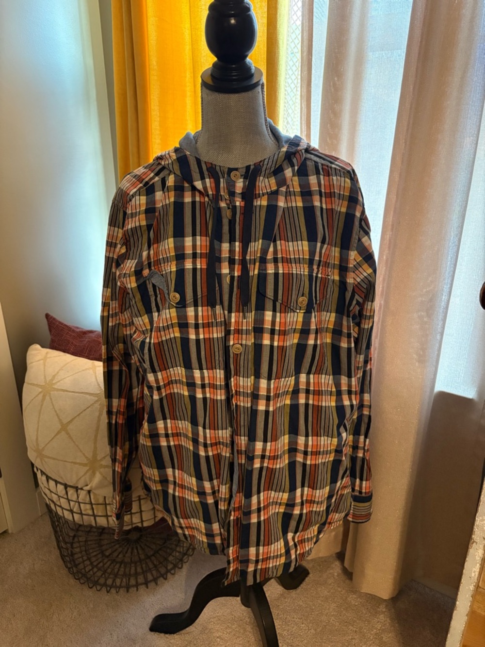 L.L. Bean Men's Plaid Button-Down Hooded Shirt in Navy, Orange and Cream